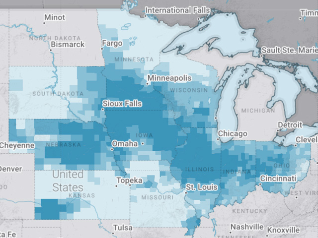 Each installment of the DTN/The Progressive Farmer Digital Yield Tour 2018 will feature links to live statewide plant health and crop yield estimation visuals supplied by Gro Intelligence. Readers can view yield data down to the county level. (Graphic courtesy of Gro Intelligence)