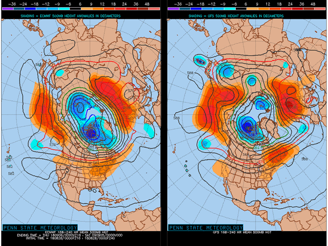 The overall weather pattern during the next six to 10 days will feature a jet stream of varying amplitude over southern Canada and the northern United States. (Penn State Meteorology graphic)