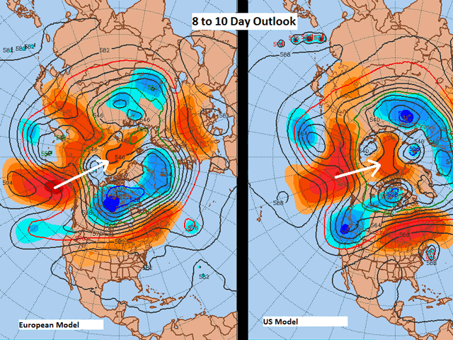Upper-atmosphere forecast maps indicate the potential for a notable cold snap in Western Canada during mid-September. (Penn State Meteorology graphic)