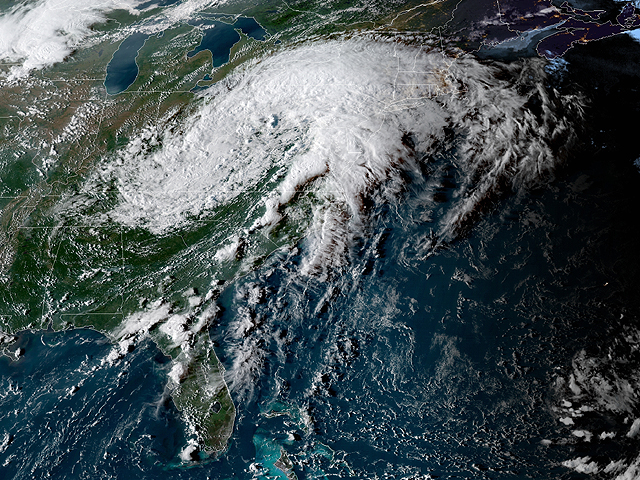 Hurricane Florence has dumped as much as 36 inches of rain on parts of North Carolina since last Thursday. This NOAA satellite image from Monday shows the remnants of the storm have moved north. (Image courtesy of NOAA)