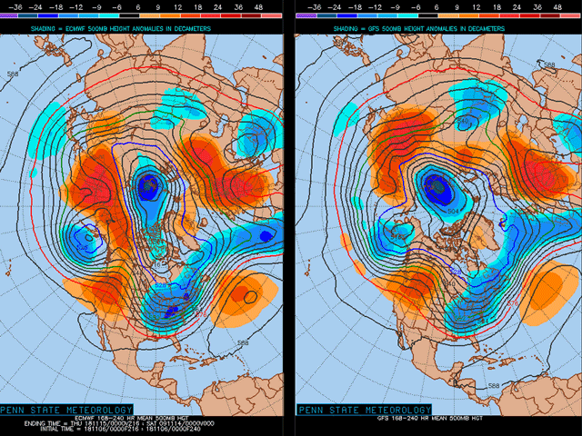 The European (left) and U.S. (right) jet stream models for the next six to 10 days shows the position of a trough will be far enough to the east to limit precipitation in the Midwest and Northern Plains. (Penn State Meteorology graphic)