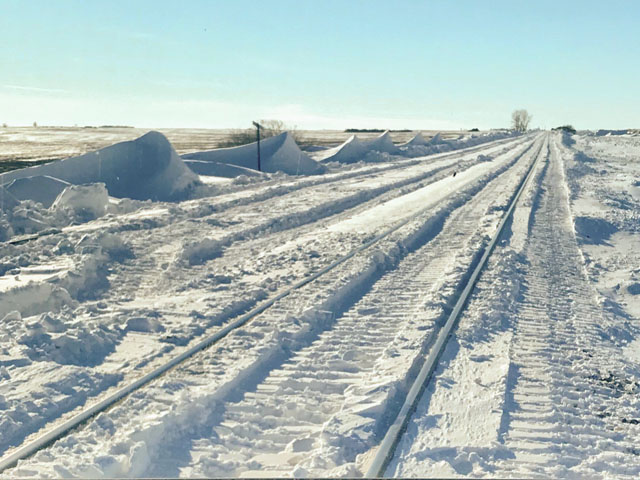 Snow filled rail tracks west of Ipswich, South Dakota. (Photo courtesy of Andy Weisser)