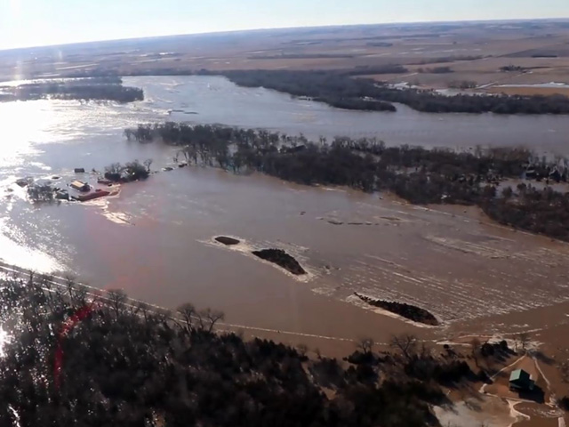Screenshot of video taken by Nebraska State Patrol by helicopter over the Fremont, Nebraska, area on March 15 showing the flooding from the Platte River. According to the patrol, each of the little islands had dozens of cattle on it, stranded with no place to go. (Nebraska State Patrol video)