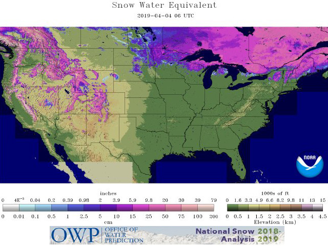 This graphic shows the water equivalent of the snow cover still in place from eastern North Dakota and northern Minnesota to Manitoba and Ontario. (Office of Water Prediction graphic)