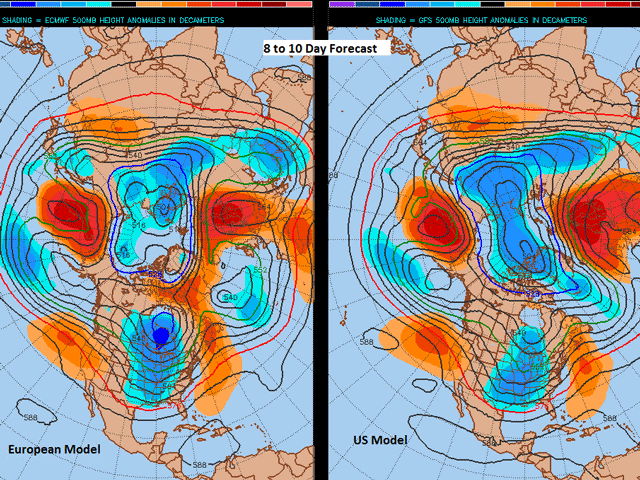 The mean upper level wind flow maps for the eight- to 10-day period show the north-to-northwest flow over the eastern Canadian Prairies region and likely means that the chances for significant precipitation to occur in the Canadian Prairies during the next two weeks is rather low. (Penn State Meteorology graphic)