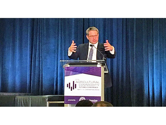 U.S. Chief Agricultural Negotiator Gregg Doud addresses the Agricultural Commodity Futures Conference in Kansas Thursday evening. (Photo by Jerry Hagstrom for DTN) 