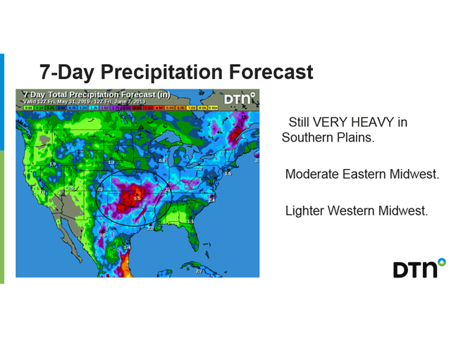 Seven-day forecast rainfall totals through Friday, June 7, keep heavy, flooding amounts locked in over the Southern Plains. (DTN graphic)  