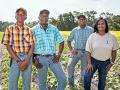 Steve Singleton, second from left, has been farming potatoes for more than 30 years. He and wife April (far right) plan for sons Brett and Lane to carry on the family farm legacy by adjusting the operation to new crops such as sweet potatoes, Image by Tyler Jones