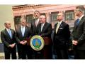 Agriculture Secretary Sonny Perdue is surrounded by Republican House members at a news conference about rural e-connectivity. Republican Reps. (from left) Bruce Poliquin, of Maine, Drew Ferguson, of Georgia, Doug LaMalfa, of California, Perdue, House Agriculture Appropriations Subcommittee Chairman Robert Aderholt, of Alabama, and Roger Marshall, of Kansas, Image by Jerry Hagstrom