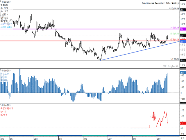 December oats reached a fresh contract high on Friday, while this continuous December chart shows an uptrend since the fall of 2016. Resistance lies at $2.95/bushel, a 50% retracement of a long-term downtrend, while the $3/bu. level will act as psychological resistance. The first study shows noncommercial traders holding the largest net-short position since June 2013 as of June 6 data, while the lower study shows a bullish inverse in the September/December spread. (DTN ProphetX chart)
