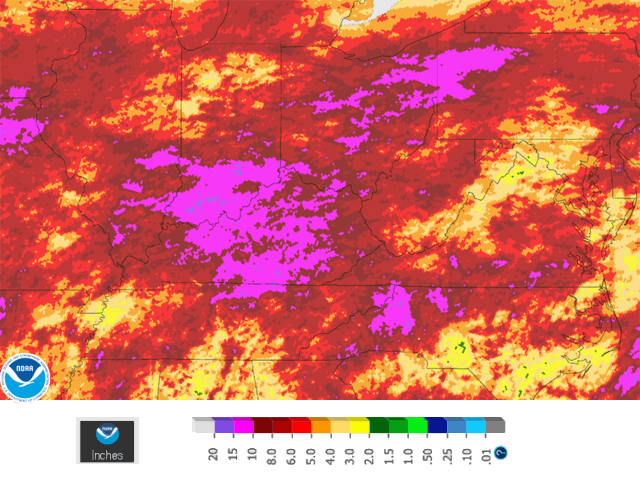Rainfall of 8 to 15 inches the past 30 days in the eastern Midwest has resulted in much acreage loss along with very low crop ratings. (NOAA graphic)