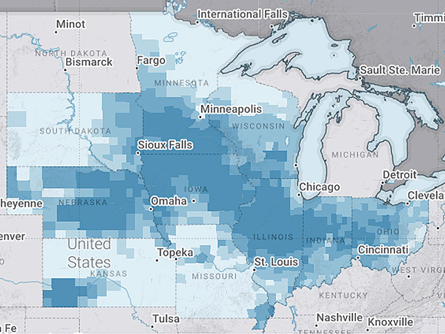 Each installment of the DTN/Progressive Farmer 2019 Digital Yield Tour will feature links to live statewide plant health and crop yield estimation visuals supplied by Gro Intelligence. Readers can view yield data down to the county level, Image courtesy of Gro Intelligence