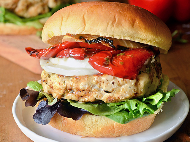 Turkey burger with grilled onions and peppers, Image by Rachel Johnson