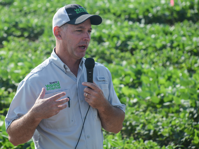 Kevin Bradley, University of Missouri weed specialist, informs farmers and agronomists about the latest studies on dicamba and weeds during the university&#039;s Pest Management Field Day on July 9 at the Bradford Research Center in Columbia, Missouri. (DTN photo by Matthew Wilde)