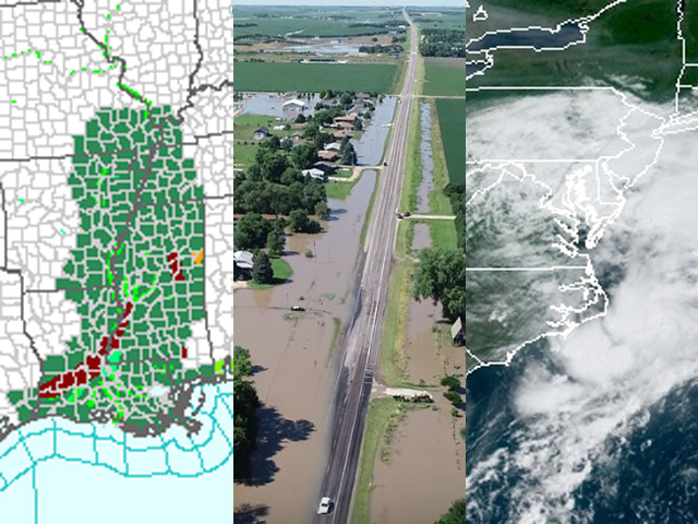 Heavy, flooding rain brought a common bond to the Mississippi Delta, south-central Nebraska and Washington, D.C., during the week of July 8-13. (NOAA flood graphic; Wood River flood shot courtesy of KVRN/RRN; NOAA graphic)