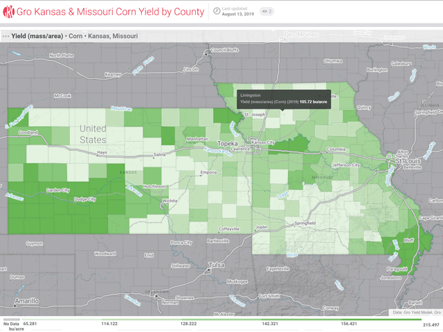 Darker green shading shows higher yields on Gro Intelligence&#039;s real-time yield maps for Kansas and Missouri on Day 1 of the DTN/Progressive Farmer 2019 Digital Yield Tour. Record wet springs in both states have suppressed some yield potential. (Map courtesy of Gro Intelligence)