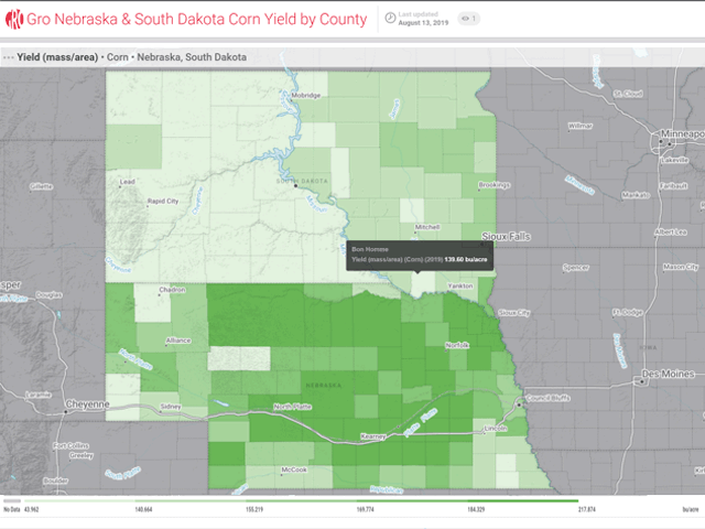 Darker green shading shows higher yields on Gro Intelligence&#039;s real-time yield maps for Nebraska and South Dakota on Day 1 of the DTN 2019 Digital Yield Tour. Perpetually wet weather took the top off yield potential in both states. (Map courtesy of Gro Intelligence)