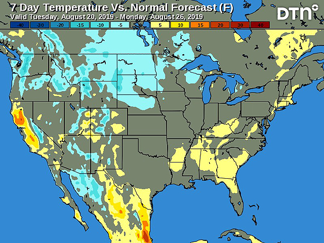 Temperatures will be variable in the next six to 10 days, with conditions milder out ahead of systems, cooler behind them. It will be cool north and warm south. (DTN graphic)