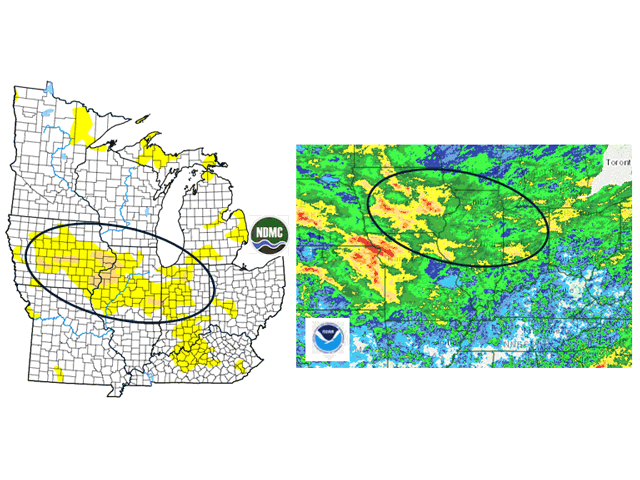 Almost all Midwest areas that were in the early stages of drought received meaningful, dryness-easing rain between Aug. 17 and 20. (NDMC/NOAA graphic) 
