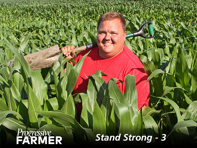 A spade is Pat Sanstrom&#039;s tool of choice for uncovering problems in his Illinois cornfields. (DTN/Progressive Farmer photo by Pamela Smith)