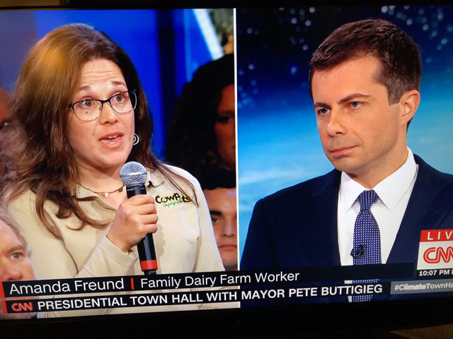 Amanda Freund, who works on her family&#039;s dairy farm in Connecticut, told South Bend, Indiana, Mayor Pete Buttigieg the farm is facing unprecedented weather and economic challenges. She asked what Buttigieg could do "to bring stability back to the ag sector" so farmers can manage the regulations that will come with combatting climate change and "stay in business." (Screenshot from CNN broadcast)