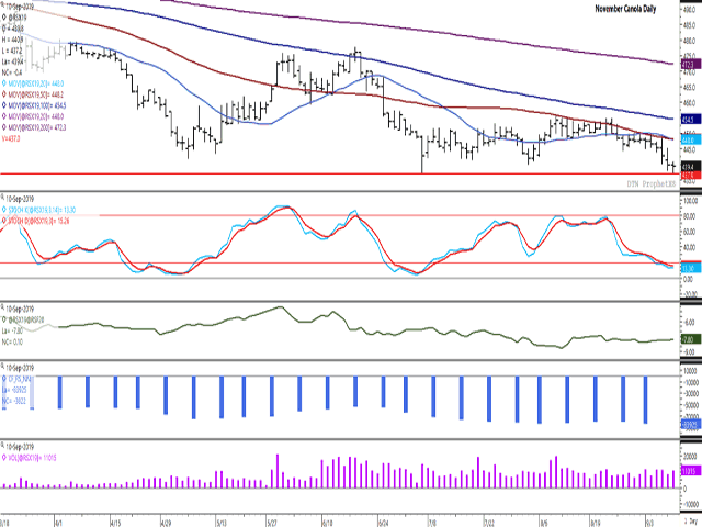 Tuesday's November canola contract low came within $0.20/metric ton of testing the contract low of $437/mt. Noncommercial selling remains a bearish factor, despite momentum indicators that are in oversold territory, seen in the first study, while noncommercial traders hold a record net-short position in canola futures of 83,925 contracts as of Sept. 3, as seen in the third study. (DTN ProphetX chart)