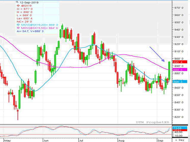 This chart shows November soybeans soaring to a 29-cent higher finish on Thursday, vaulting through the 50-day moving average to the highest close since early August. (DTN ProphetX chart by Dana Mantini)