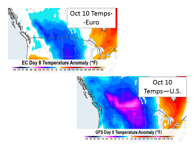 Either very cool or cold weather is indicated for the Canadian Prairies during the Oct. 7-10 period. (DTN forecast graphics)