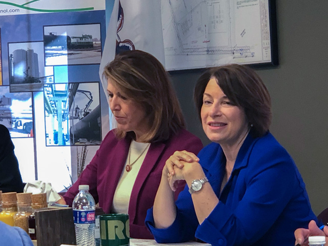 Sen. Amy Klobuchar, right, speaks about ethanol and small-refinery exemptions during an event Thursday at the Southwest Iowa Renewable Energy ethanol plant in Council Bluffs, Iowa, along with Rep. Cindy Axne. The two Democrats want an economic analysis from USDA on the impact of small-refinery exemptions on the agriculture economy. (DTN photo by Chris Clayton)