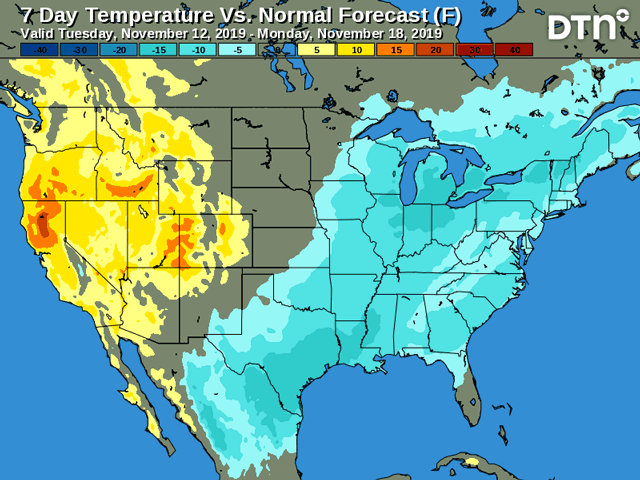 Variable temperatures over the next week may bring some better conditions for late harvest. (DTN graphic)