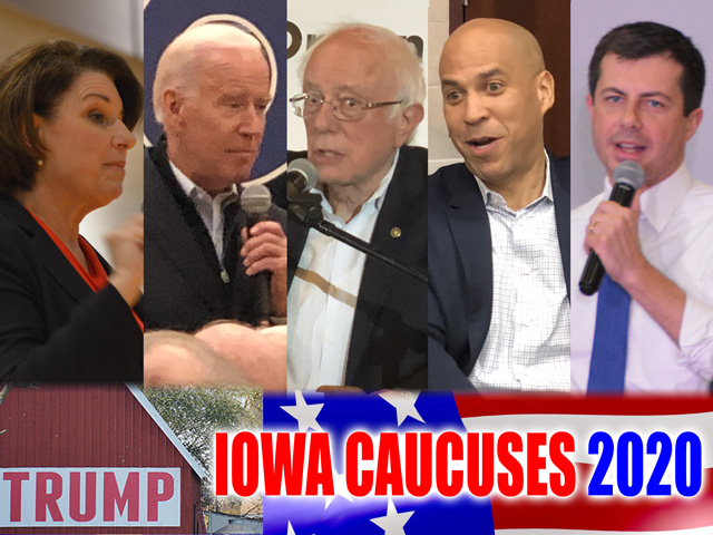 Democratic presidential candidates are reaching out to Iowa farmers and stressing policies that would attack agribusiness consolidation and climate change. Several Democratic candidates spoke to Iowa Farmers Union members while campaigning late last week. (DTN photos by Chris Clayton; DTN graphic by Nick Scalise)