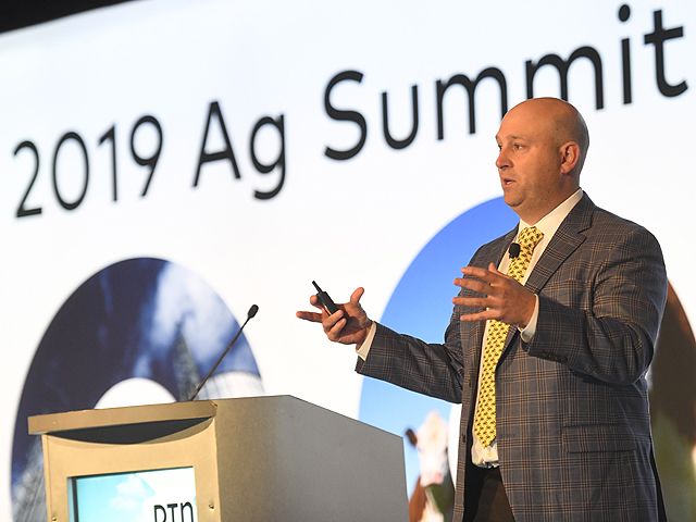 Luke Chandler, an Australian who now is chief economist for Deere and Co., opened the DTN 2019 Ag Summit, highlighting global macroeconomic issues and some key signals moving forward in agricultural production and demand. (DTN/Progressive Farmer photo by Joel Reichenberger)