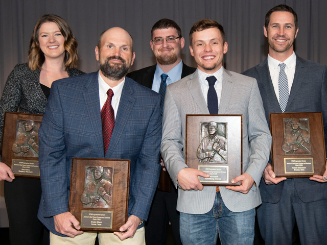DTN/Progressive Farmer named its 10th class of America&#039;s Best Young Farmers and Ranchers on Tuesday at the DTN 2019 Ag Summit in Chicago. This year&#039;s class includes (from left to right) Zoey (Brooks) Nelson, Braden Gibson, Mike Jackson, Brett Arnusch and Russell Schiermeier. (DTN/Progressive Farmer photo by Joel Reichenberger)   