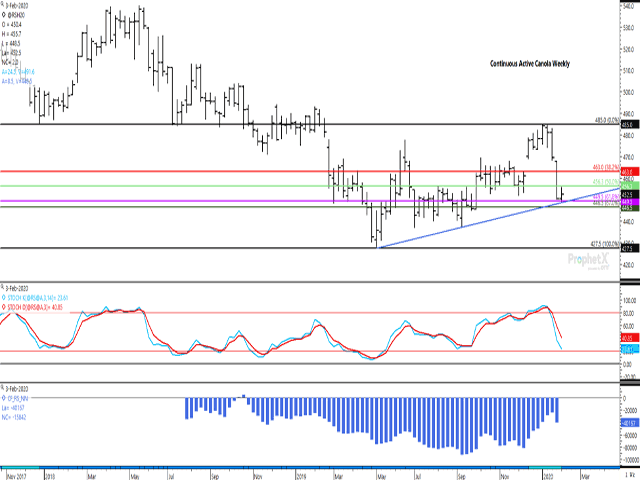 The continuous active weekly canola chart bounced from trendline support on Monday at $448.50/mt, leading to the March contract's first higher close in four sessions. Support at the 61.8% retracement also held at $449.50/mt. The lower study shows noncommercial traders adding to their net-short position in canola futures for the first time in seven weeks as of Jan. 27. (DTN ProphetX chart)