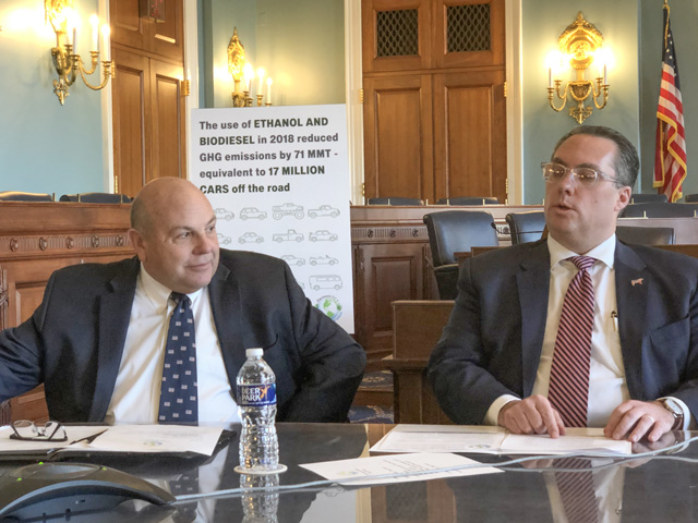 Zippy Duvall, president of the American Farm Bureau Federation, and Ethan Lane, vice president of government affairs for the National Cattlemen&#039;s Beef Association, talked about sustainability and the new coalition, Farmers for a Sustainable Future, on Wednesday at the House Agriculture Committee hearing room on Capitol Hill. (DTN photo by Chris Clayton)