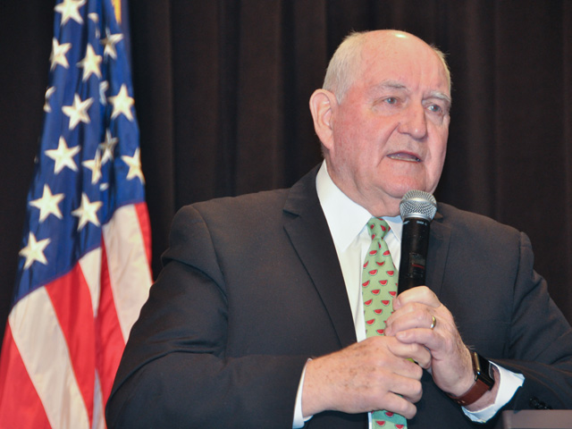 Agriculture Secretary Sonny Perdue spoke about creating a more sustainable, resilient agricultural industry at USDA&#039;s 96th annual Agricultural Outlook Forum. (DTN photo by Emily Unglesbee)