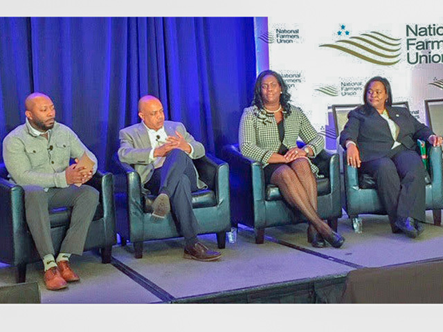 From left, moderator Karis Gutter of Corteva, Cornelius Blanding and Monica Rainge of the Federation of Southern Cooperatives/Land Assistance Fund, and Latrice Hill of the Farm Service Agency discuss the issue of heirs&#039; property. (DTN photo by Jerry Hagstrom)