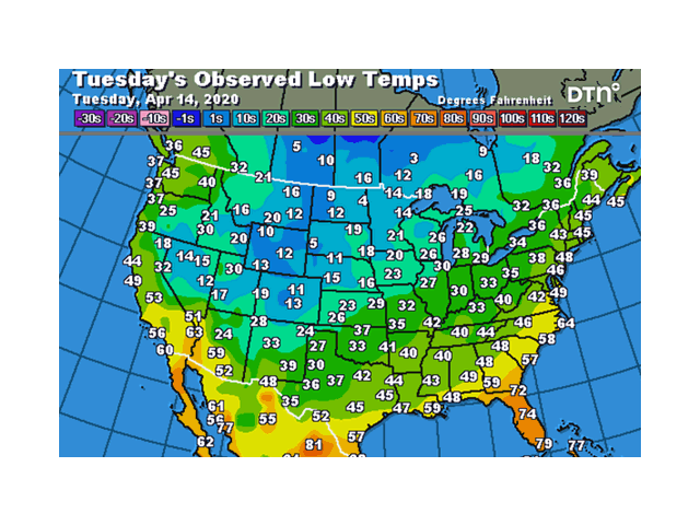 Below-freezing temperatures in the Plains and Midwest April 13-14 lead to concern over possible winter wheat damage. (DTN graphic)