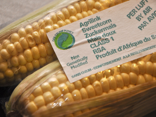 The label on these ears of corn from Brussels, Belgium, details to customers that the product is "not genetically modified." USDA this week released its rule for disclosing "bioengineered foods." (DTN file photo) 