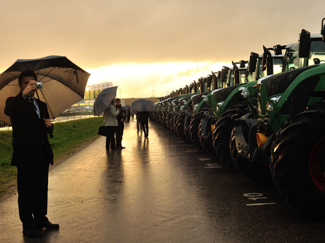 Table Fair 2012 - Fendt Bavarian trip Even rain and wind couldnâ€™t dampen the mood as AGCO opened a new factory in Bavaria to build Fendt tractors. (DTN Photo by Jim Patrico)