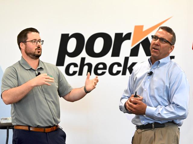 Lee Schulz, chief economist at Ever.Ag and Joe Kerns, founder of Ag Rubicon, discussed the economics of the hog industry currently during a session at the 2025 World Pork Expo in Des Moines. (DTN photos by Jennifer Carrico; image by Nick Scalise)