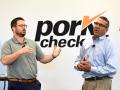 Lee Schulz, chief economist at Ever.Ag and Joe Kerns, founder of Ag Rubicon, discussed the economics of the hog industry currently during a session at the 2025 World Pork Expo in Des Moines. (DTN photos by Jennifer Carrico; image by Nick Scalise)