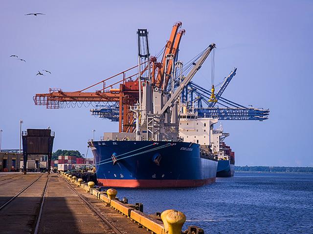 The East Coast Port of Wilmington, North Carolina, has nine berths with 6,740 feet of wharf frontage, including on-dock rail and container berths with more than 2,600 contiguous feet. (Photo courtesy of North Carolina Ports)