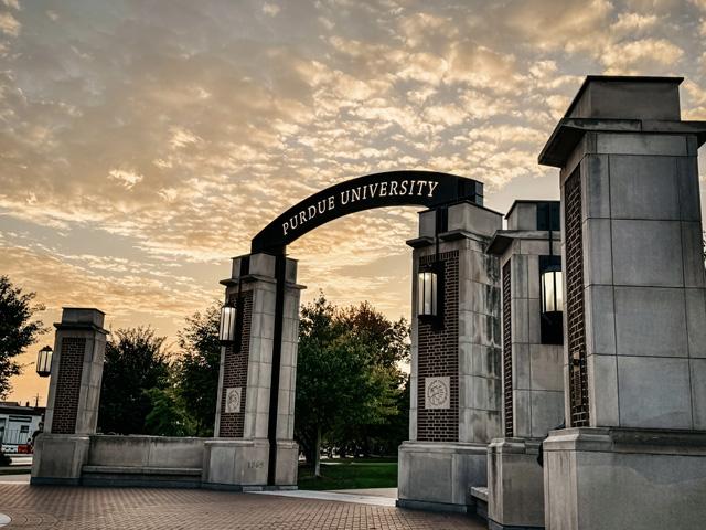 The Purdue Memorial Union Gateway arch while driving through campus en route to a conference in September 2025. The university's Agricultural Sciences Education and Communication department will close in June 2026, a symptom of larger concerns. (DTN photo by EllaMae Reiff)