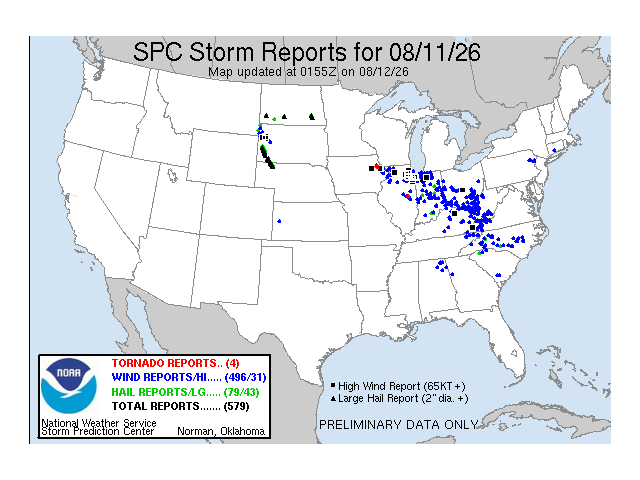 Widespread wind damage was reported from northeast Iowa into western West Virginia on Tuesday. (NOAA image)