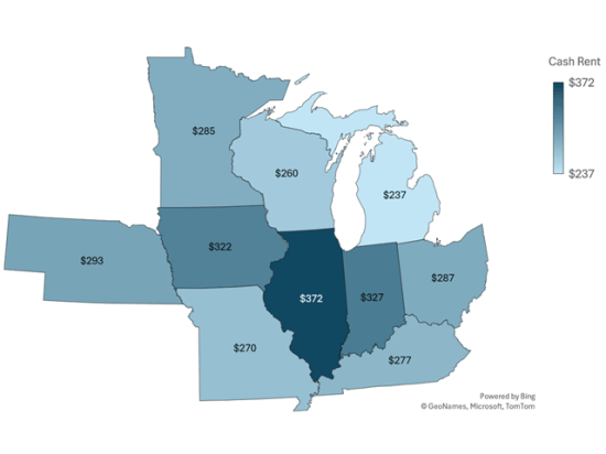 This map shows the highest 2025 county-level average cash rents for non-irrigated cropland in Corn Belt states. (Source: USDA NASS; map by Kathy Myers)