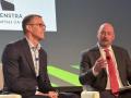 Rep. Randy Feenstra (left), R-Iowa, told Renewable Fuels Association CEO and president Geoff Cooper that he would like to see 45Z funded with cuts to electric-vehicle subsidies. (DTN photo by Todd Neeley)
