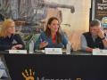 Agriculture Secretary Brooke Rollins talks to Minnesota corn farmers about USDA data collection and crop reports during a panel discussion at Farmfest on Tuesday. U.S. Reps. Michelle Fischbach and Brad Finstad, both Minnesota Republicans, also joined Rollins at the forum. Rollins later announced some crop insurance updates as well. (DTN photo by Chris Clayton)