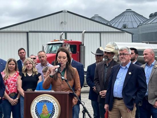 Agriculture Secretary Brooke Rollins announced Friday that USDA will double its aid payments to producers under the Supplemental Disaster Relief Program (SDRP) and also extend the application deadline to August for farmers and ranchers. Richard Fordyce, right, USDA's undersecretary for farm production and conservation, also said USDA will look to better help farmers who suffered quality losses. (DTN photo by Chris Clayton)