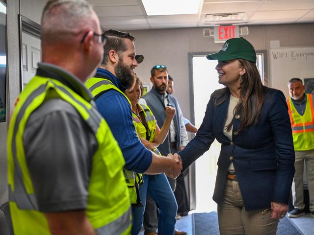 U.S. Secretary of Agriculture Brooke Rollins visits the construction site of the New World screwworm production facility at the Moore Air Base in South Texas. (Photo courtesy of USDA)